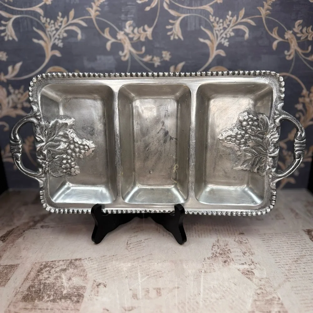 Vintage Pewter 3 Section Relish Tray Heavy Ornate Serving Dish Handles